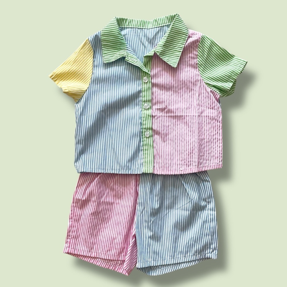 SHEIN Colorful Striped Shirt And Shorts Set, 2pcs 4T